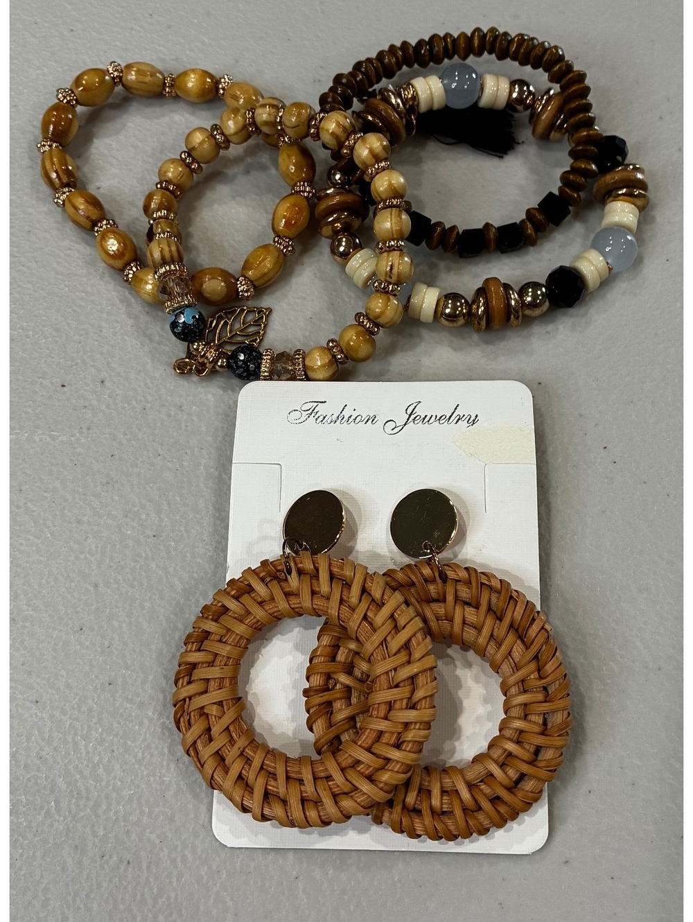 Jewelry Bundle with Wood and Yarn Bracelets and Woven Earrings